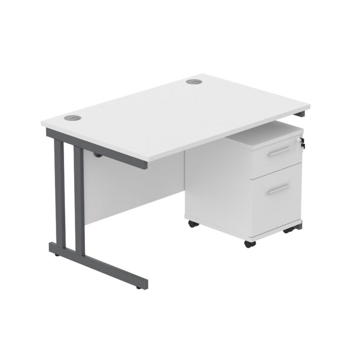 Double Upright Rectangular Desk + 2 Drawer Mobile Under Desk Pedestal