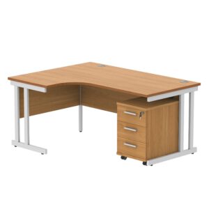 Double Upright Left Hand Radial Desk + 3 Drawer Mobile Under Desk Pedestal