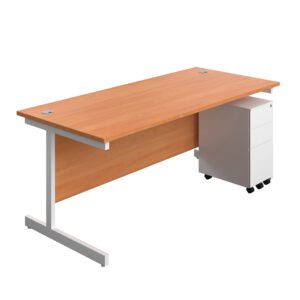 Single Upright Rectangular Desk + Slimline Steel Pedestal 3 Drawers