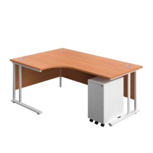 Twin Upright Left Hand Radial Desk + Slimline Steel Pedestal 3 Drawers
