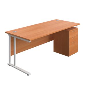 Twin Upright Rectangular Desk + High Mobile Pedestal 3 Drawer