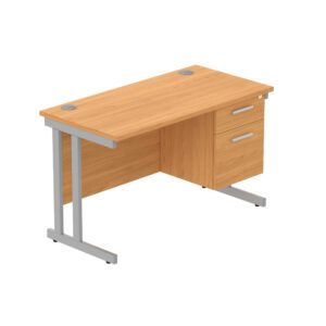 Office Rectangular Desk with Steel Double Upright Cantilever Legs + 2 Drawer Fixed Pedestal (FSC)